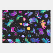 恐竜の宇宙飛行士水彩宇宙ディノ誕生日 ラッピングペーパーシート (正面3)