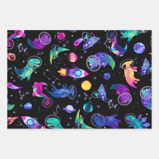 恐竜の宇宙飛行士水彩宇宙ディノ誕生日 ラッピングペーパーシート (正面3)