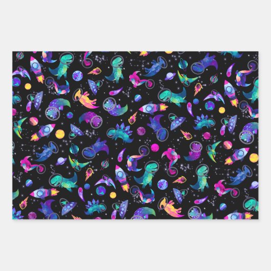 恐竜の宇宙飛行士水彩宇宙ディノ誕生日 ラッピングペーパーシート (正面)