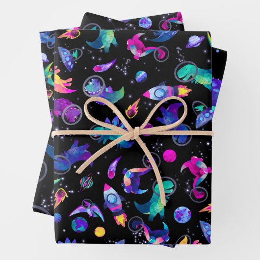 恐竜の宇宙飛行士水彩宇宙ディノ誕生日 ラッピングペーパーシート (インサイチュ)