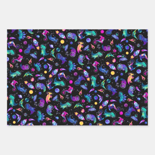 恐竜の宇宙飛行士水彩宇宙ディノ誕生日 ラッピングペーパーシート (正面3)