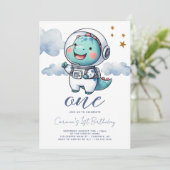 恐竜の宇宙飛行士 赤ちゃん男の子 1歳の誕生日 招待状 (スタンド正面)