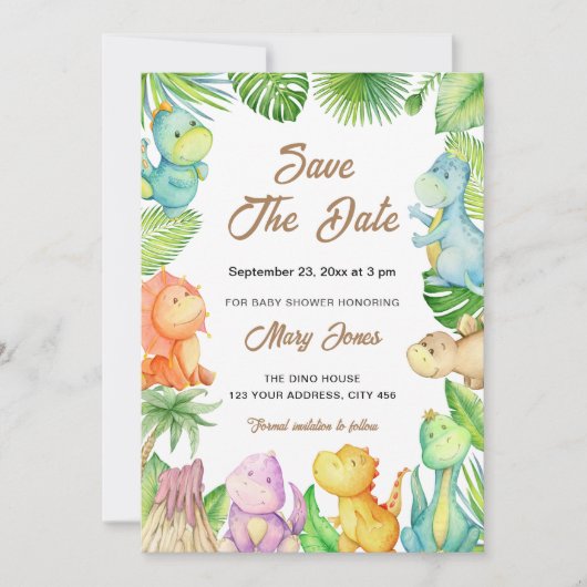 恐竜の小さな赤ん坊のシャワー日付を保存 招待状 (正面)
