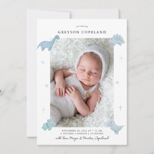 恐竜の少年のベビー写真誕生のお知らせ 案内状 (正面)