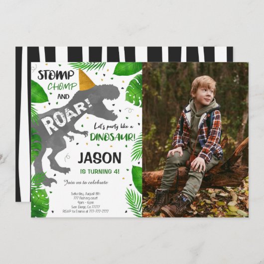 恐竜の少年の誕生日パーティーの写真 招待状 (正面/裏面)