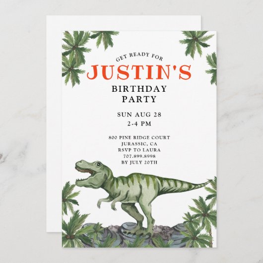 恐竜の少年の誕生日パーティーの招待状 招待状 (正面/裏面)