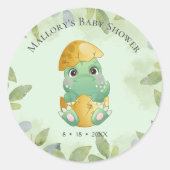 恐竜の少年の赤ちゃんシャワー(緑) ラウンドシール (正面)
