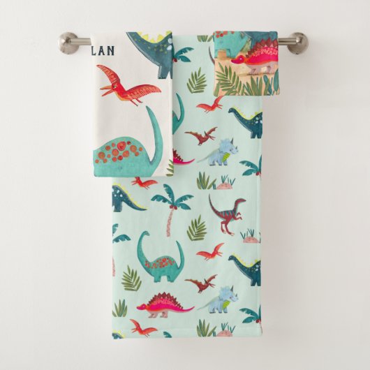 恐竜の少年の青いモノグラムのオールオーバープリントの子供 バスタオルセット (インサイチュ)