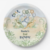 恐竜の少年パステルかわいいブルーグリーン第2誕生日 ペーパープレート (正面)
