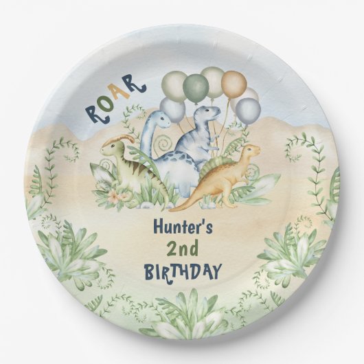 恐竜の少年パステルかわいいブルーグリーン第2誕生日 ペーパープレート (正面)
