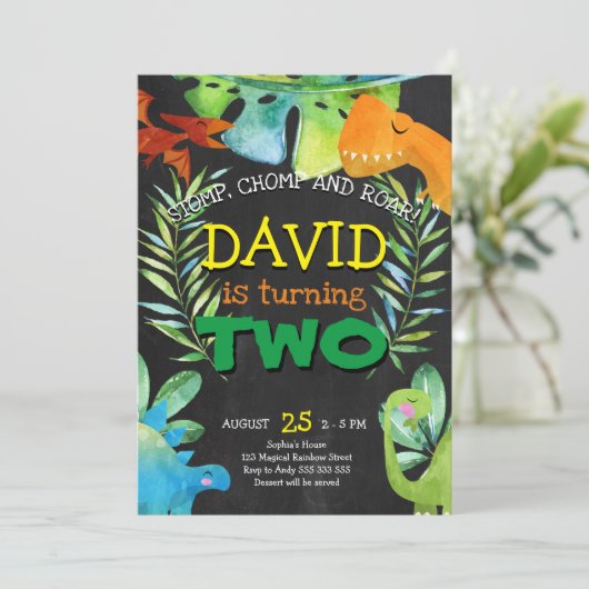 恐竜の少年2歳の誕生日ボーイズディノパーティー 招待状 (スタンド正面)