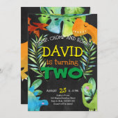 恐竜の少年2歳の誕生日ボーイズディノパーティー 招待状 (正面/裏面)