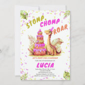 恐竜の巨人お誕生日ケーキかわいい水彩少女 招待状 (正面)