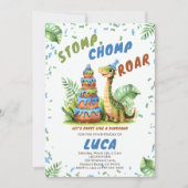 恐竜の巨大バースデーケーキ かわいい水彩の少年 招待状 (正面)