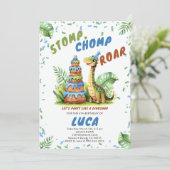 恐竜の巨大バースデーケーキ かわいい水彩の少年 招待状 (スタンド正面)