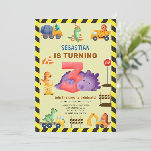 恐竜の建築ディノクルー3歳の誕生日 招待状 (スタンド正面)