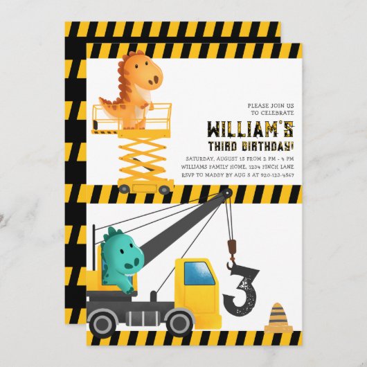 恐竜の建築誕生日パーティーの招待 招待状 (正面/裏面)