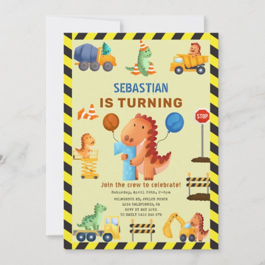 恐竜の建築、ディノのクルー1st誕生日 招待状 (正面)