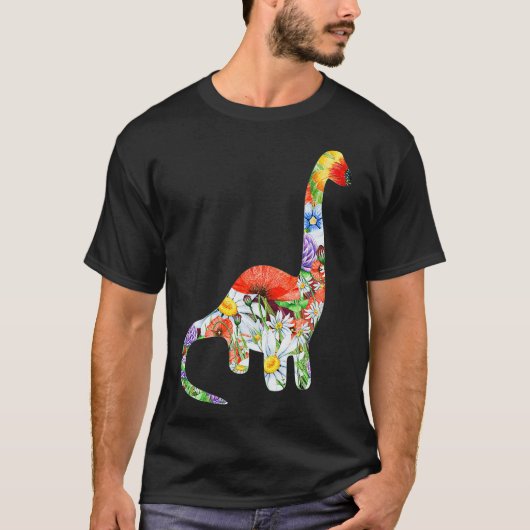 恐竜の形をしたフローラグラフィック花模様 Tシャツ (正面)