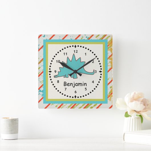 恐竜の恐竜の壁の時計の青いステゴサウルス スクエア壁時計 (ホーム)