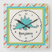 恐竜の恐竜の壁の時計の青いステゴサウルス スクエア壁時計 (正面)