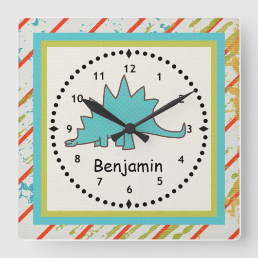 恐竜の恐竜の壁の時計の青いステゴサウルス スクエア壁時計 (正面)