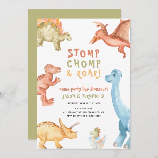恐竜の恐竜の時代を問わず少年の誕生パーティー  招待状 (正面/裏面)