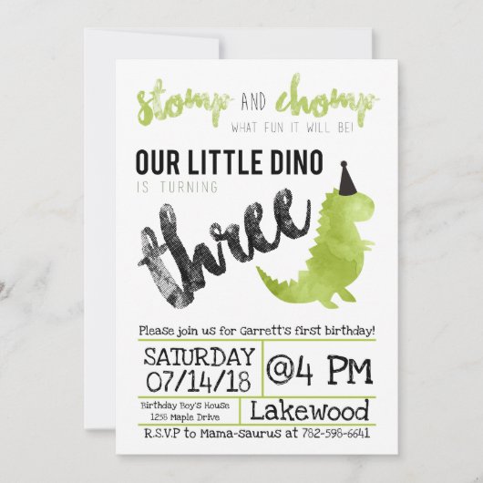 恐竜の招待状はずかずかと歩き、第3誕生日をChomp 招待状 (正面)