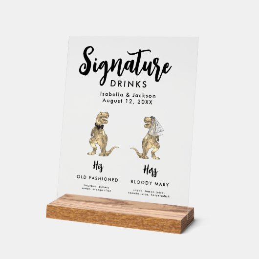 恐竜の新郎新婦のシグネチャードリンク結婚ズ アクリルサイン (傾斜)