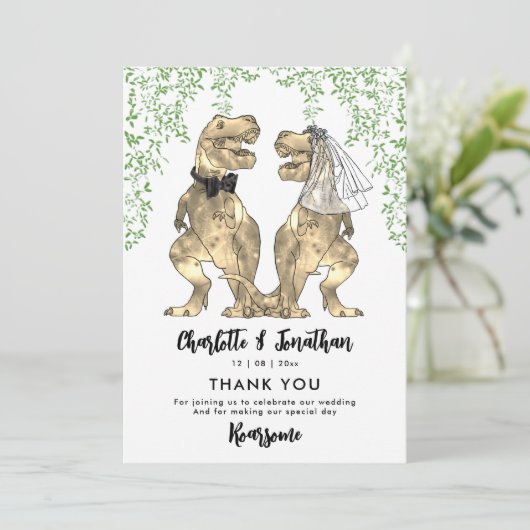 恐竜の新郎新婦結婚の感謝 サンキューカード (スタンド正面)