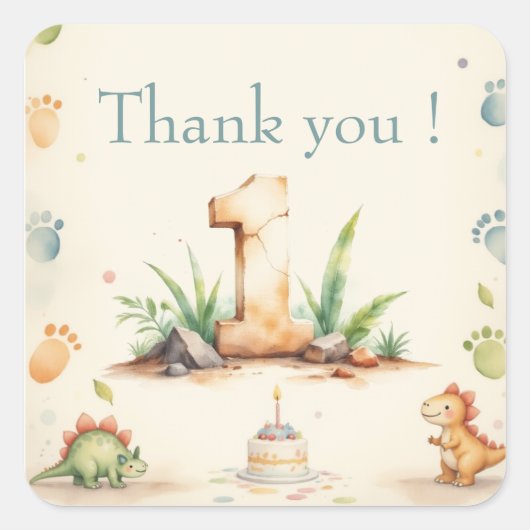 恐竜の最初の誕生日ありがとうステッカー スクエアシール (正面)