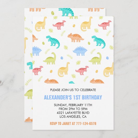 恐竜の最初の誕生日の少年ジャングルの子供tレックスブルー 招待状 (正面/裏面)