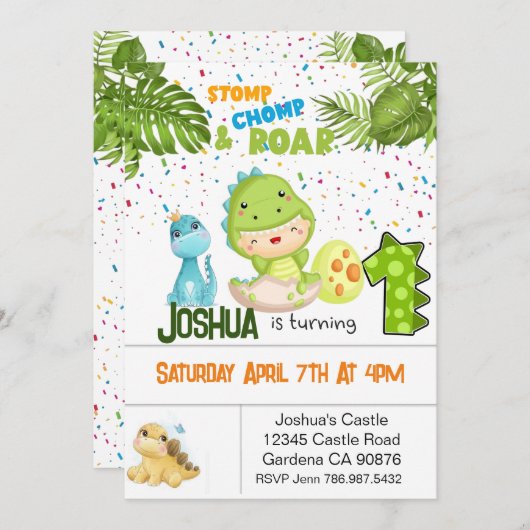 恐竜の最初の誕生日の招待状 招待状 (正面/裏面)