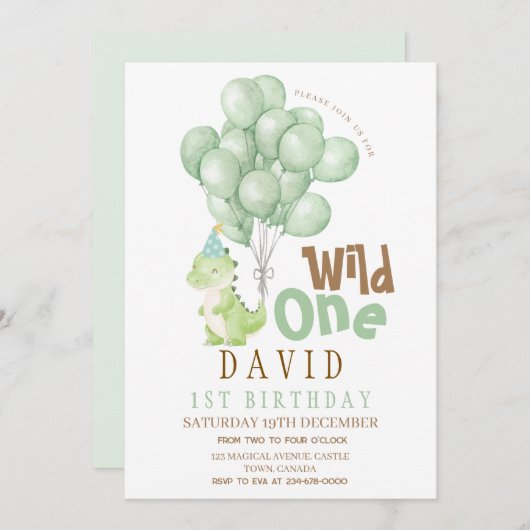 恐竜の最初の誕生日の水彩 招待状 (正面/裏面)