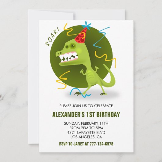 恐竜の最初の誕生日の男の子tレックスの吠え子供へ声 招待状 (正面)