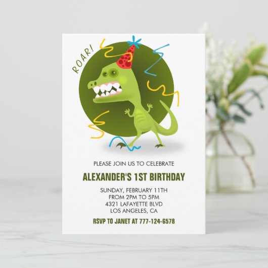 恐竜の最初の誕生日の男の子tレックスの吠え子供へ声 招待状 (スタンド正面)