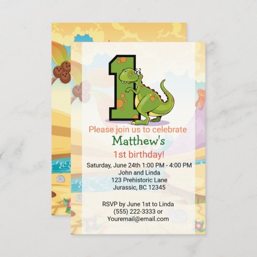 恐竜の最初の誕生日カスタム祝 招待状 (正面/裏面)