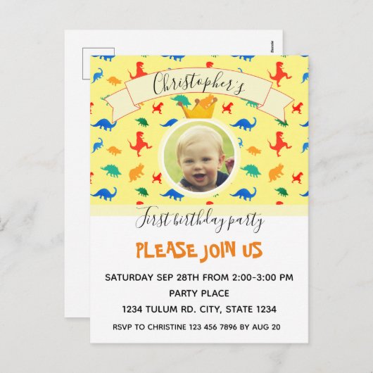 恐竜の最初の誕生日カラフル男の赤ちゃん写真 シーズンポストカード (正面/裏面)