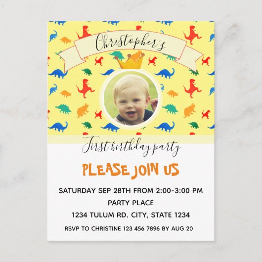 恐竜の最初の誕生日カラフル男の赤ちゃん写真 シーズンポストカード (正面)