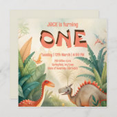 恐竜の最初の誕生日ジャングルの水色 セーブザデート (正面/裏面)
