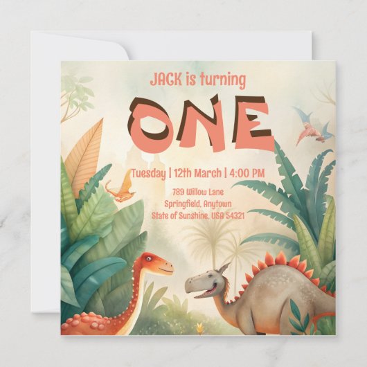恐竜の最初の誕生日ジャングルの水色 セーブザデート (正面)