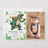 恐竜の最初の誕生日ディノダニパーティー写真 招待状 (正面)