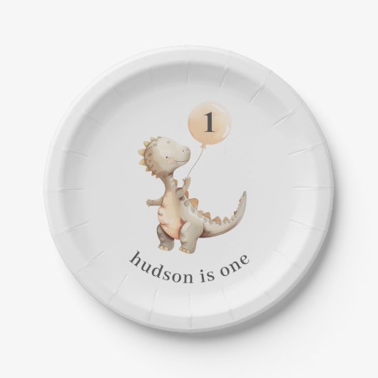 恐竜の最初の誕生日バルーン ペーパープレート (正面)