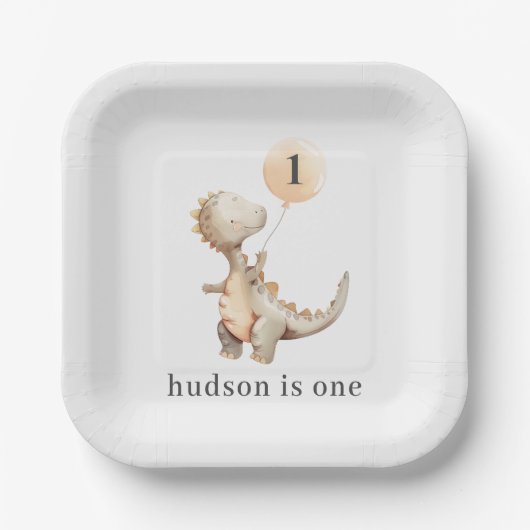 恐竜の最初の誕生日バルーン ペーパープレート (正面)