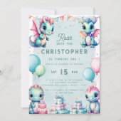 恐竜の最初の誕生日パステルかわいいディノドラゴンボーイ 招待状 (正面)