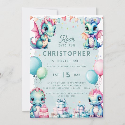 恐竜の最初の誕生日パステルかわいいディノドラゴンボーイ 招待状 (正面)