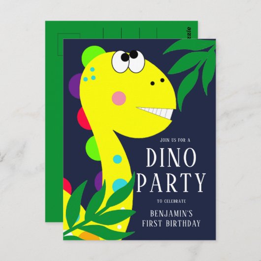 恐竜の最初の誕生日パーティの招待状 ポストカード (正面/裏面)