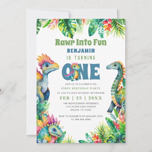 恐竜の最初の誕生日パーティーかわいい男の赤ちゃんトロピカル 招待状 (正面)