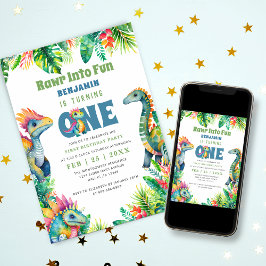 恐竜の最初の誕生日パーティーかわいい男の赤ちゃんトロピカル 招待状