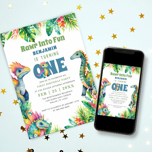 恐竜の最初の誕生日パーティーかわいい男の赤ちゃんトロピカル 招待状
